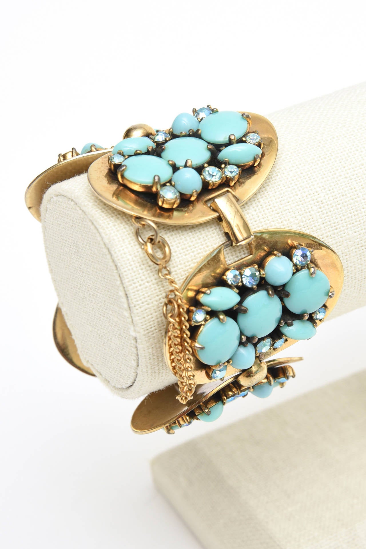 Retro Elsa Schiaparelli Vintage Faux Turquoise and Rhinestone Cluster Bracelet For Sale