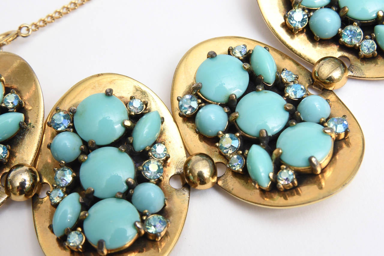 Elsa Schiaparelli Vintage Faux Turquoise and Rhinestone Cluster Bracelet In Good Condition For Sale In North Miami, FL