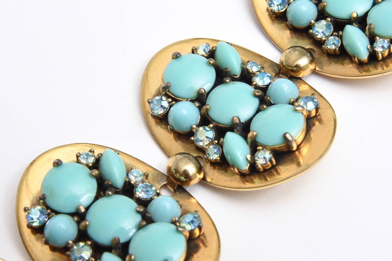 Elsa Schiaparelli Vintage Faux Turquoise and Rhinestone Cluster Bracelet For Sale 1