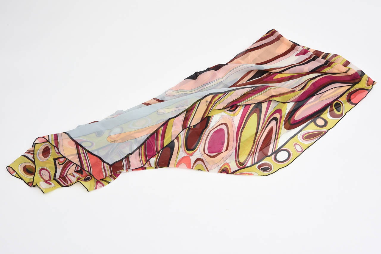 Vintage Pucci Oblong Silk Scarf Magenta, Pink, Chartreuse, Brown, Black, Coral Bon état - En vente à North Miami, FL