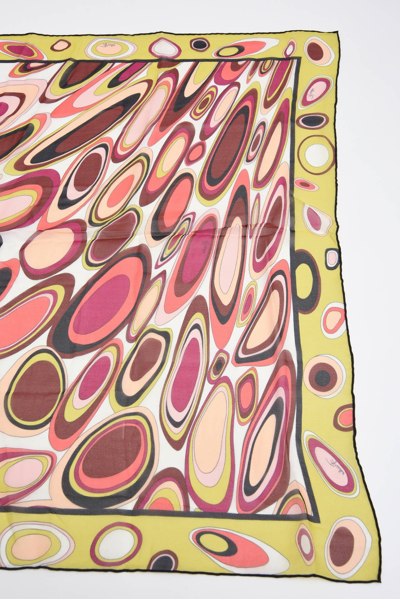 Vintage Pucci Oblong Silk Scarf Magenta, Pink, Chartreuse, Brown, Black, Coral In Good Condition For Sale In North Miami, FL