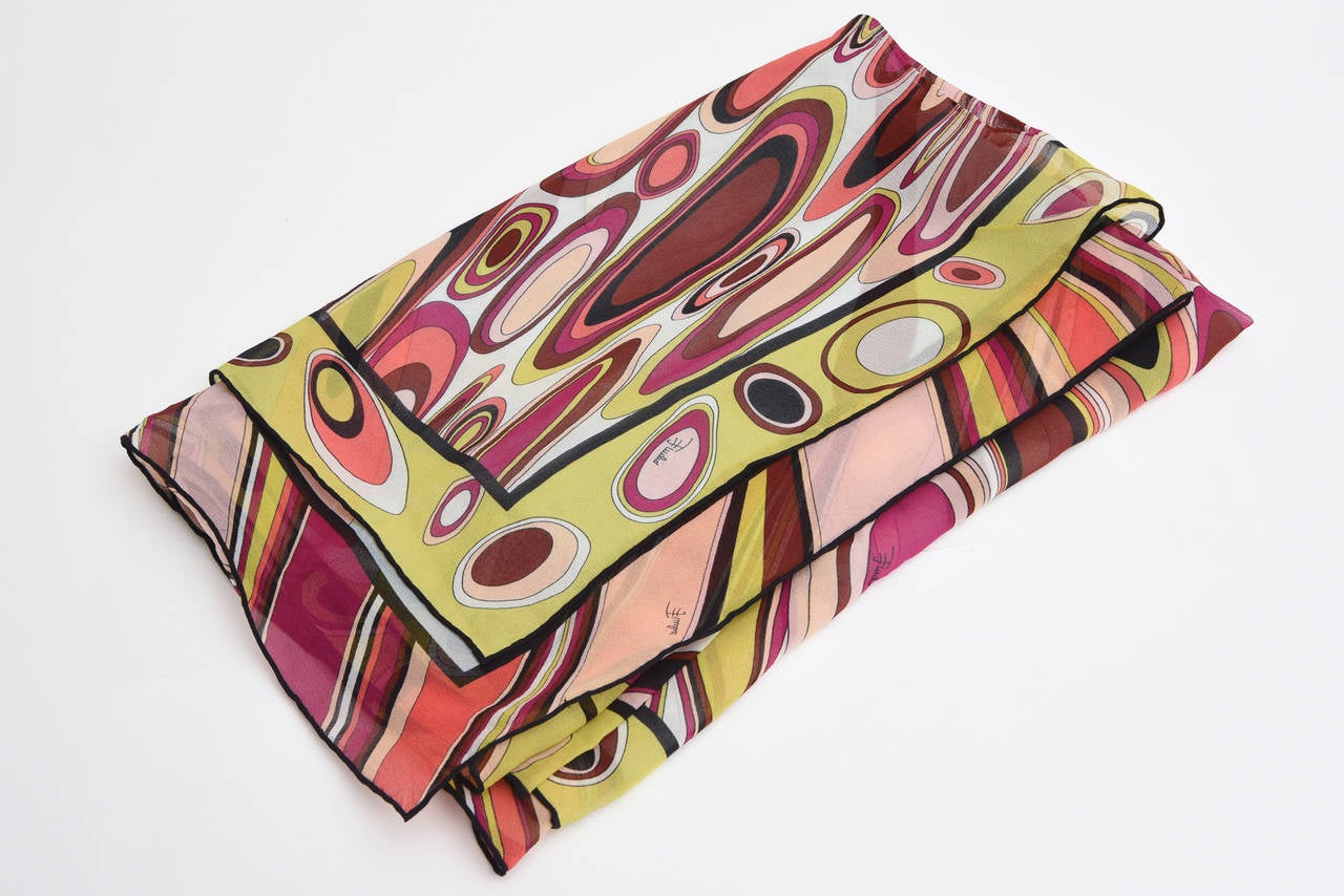 Vintage Pucci Oblong Silk Scarf Magenta, Pink, Chartreuse, Brown, Black, Coral For Sale 1