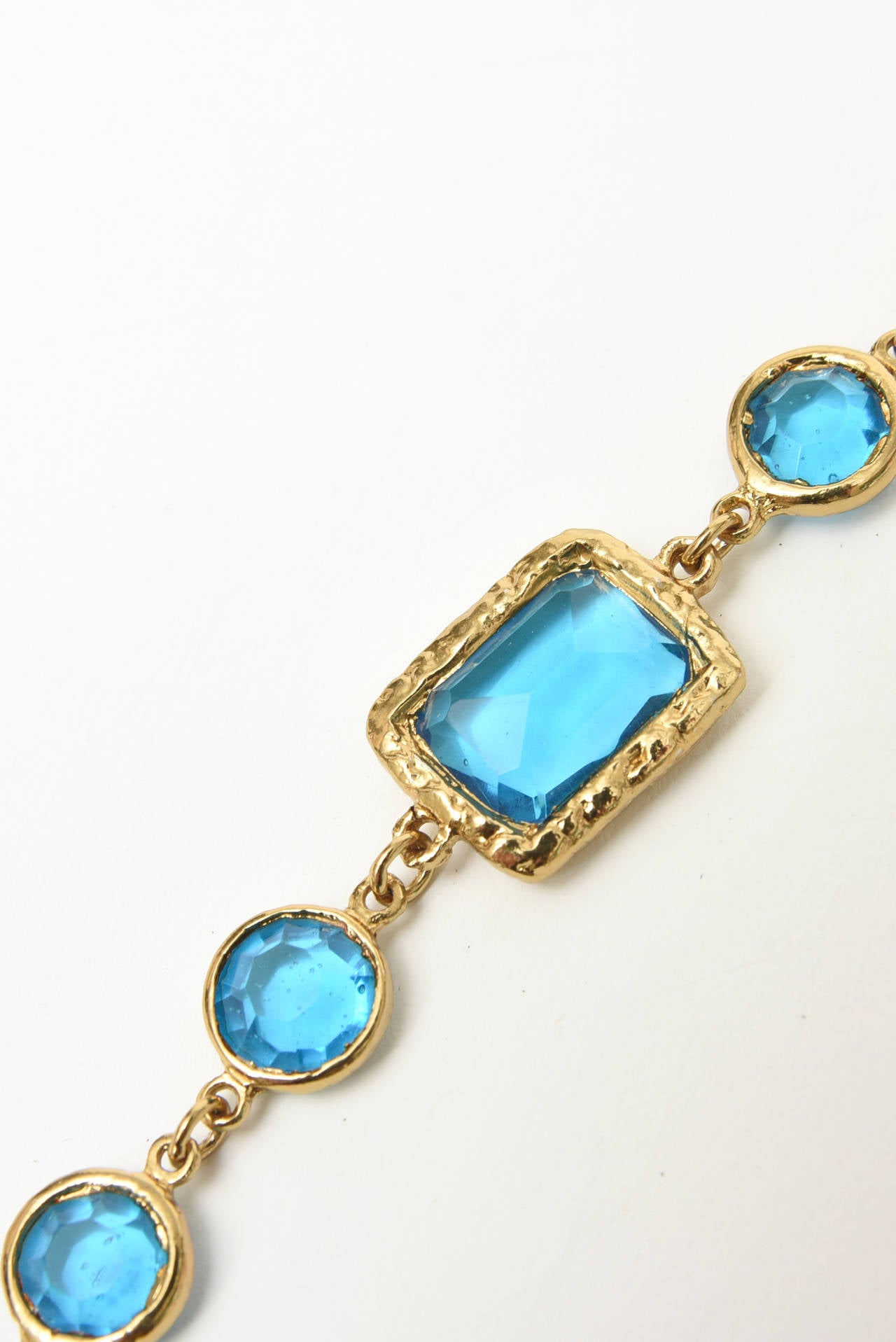 Sapphire Blue Glass and Gold Plated Chanel Chicklet Necklace In Excellent Condition In North Miami, FL