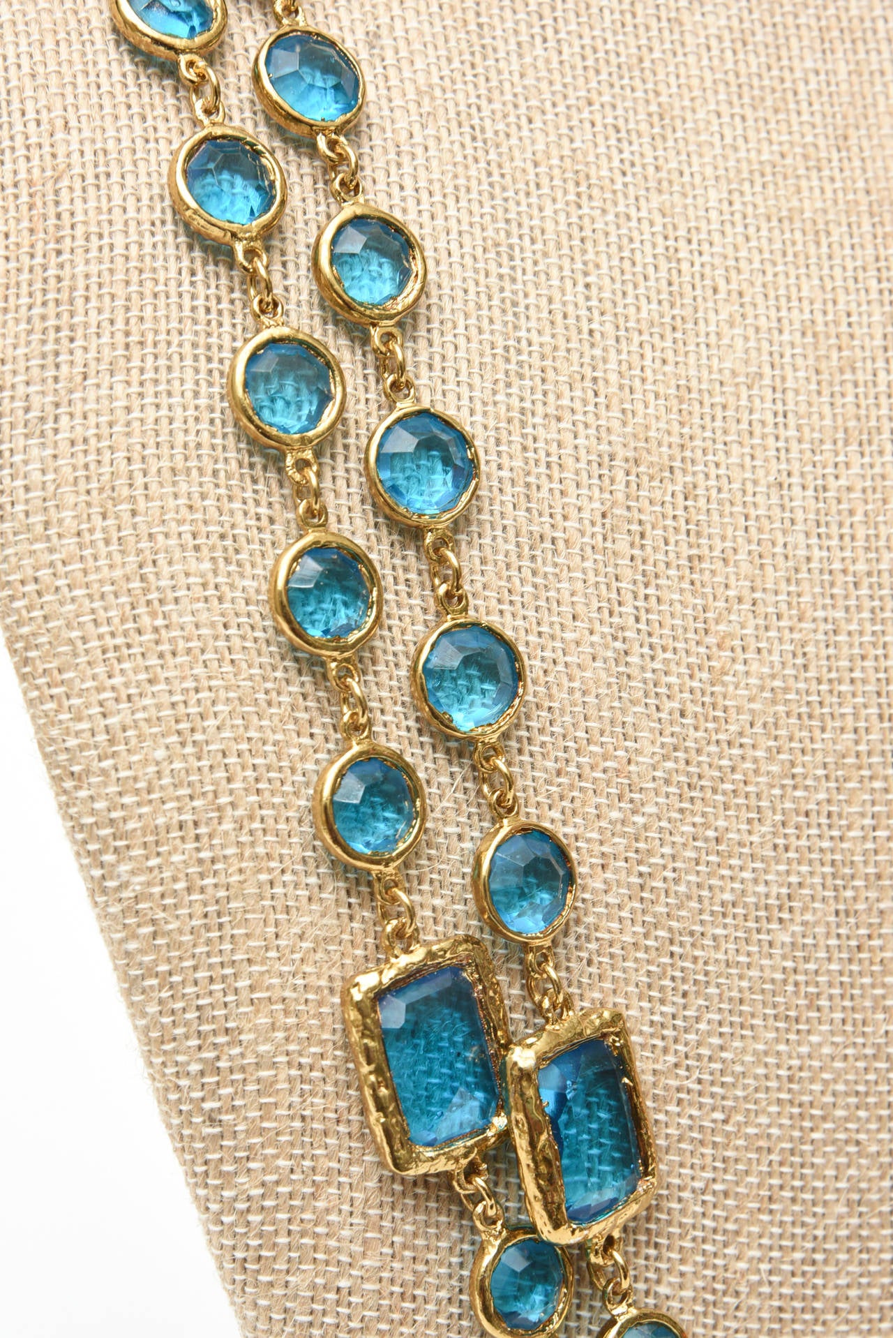 Sapphire Blue Glass and Gold Plated Chanel Chicklet Necklace 2