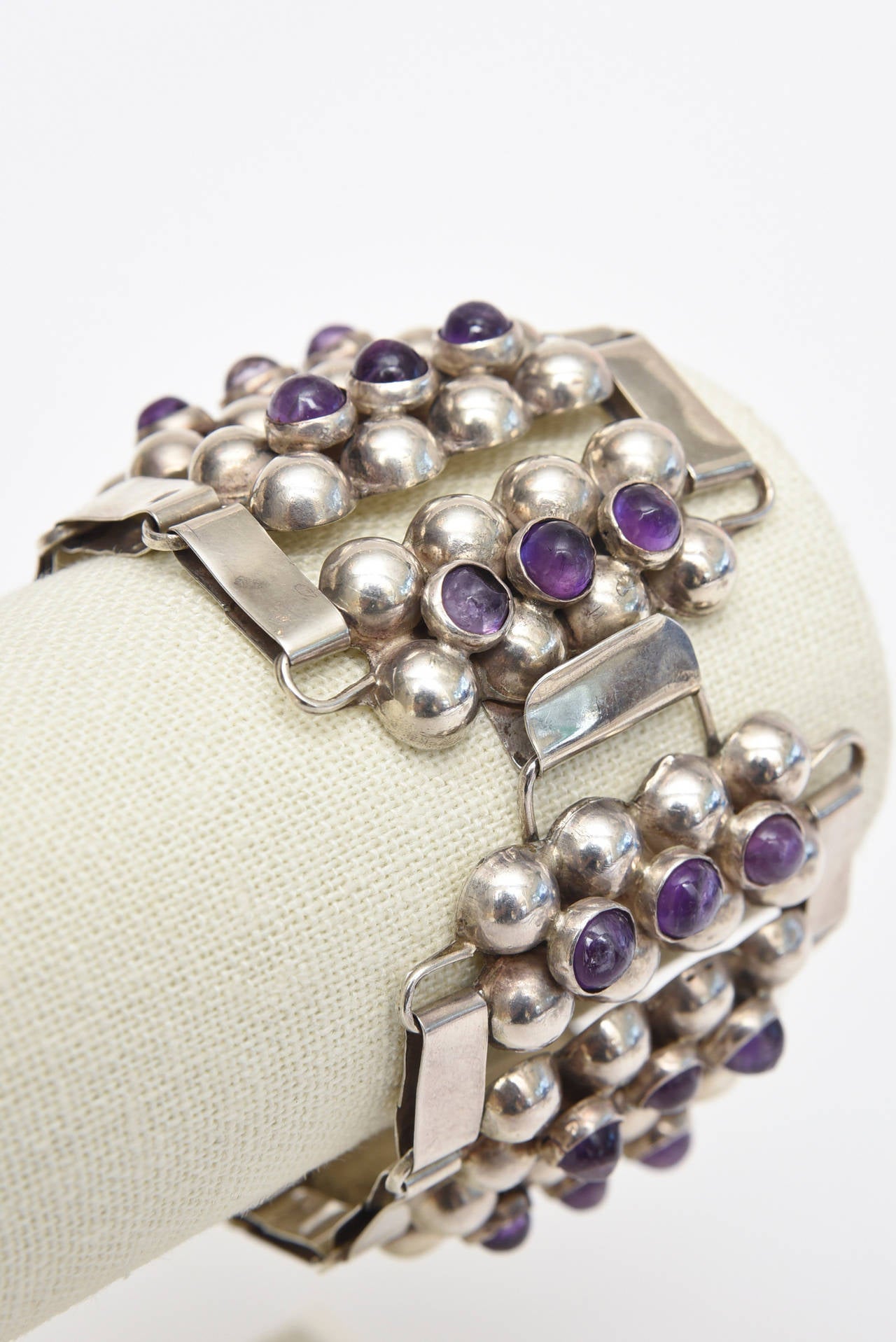  Sterling Silver & Amethyst Cuff Bracelet Mid Century Modern In Good Condition For Sale In North Miami, FL