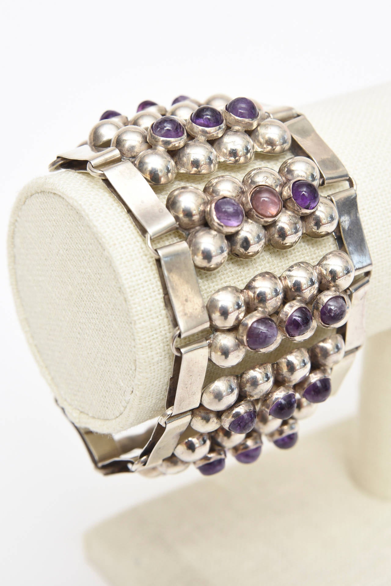 Women's  Sterling Silver & Amethyst Cuff Bracelet Mid Century Modern For Sale