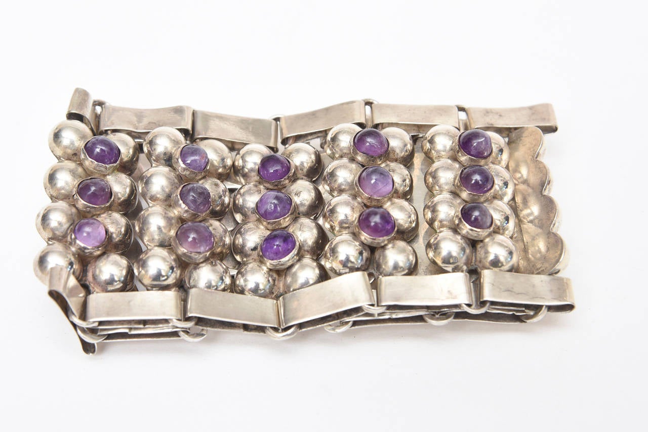  Sterling Silver & Amethyst Cuff Bracelet Mid Century Modern For Sale 2