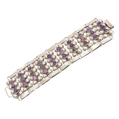 Hallmarked Mid Century Modern Sterling Silver and Amethyst Cuff Bracelet 2
