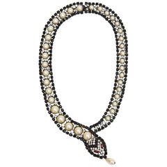Retro Snake Charmer Faux Pearl and Rhinestone Collar Necklace