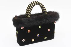 Givenchy Set of Black Suede Gloves & Black Velvet Stone & Fur Evening Bag 60's