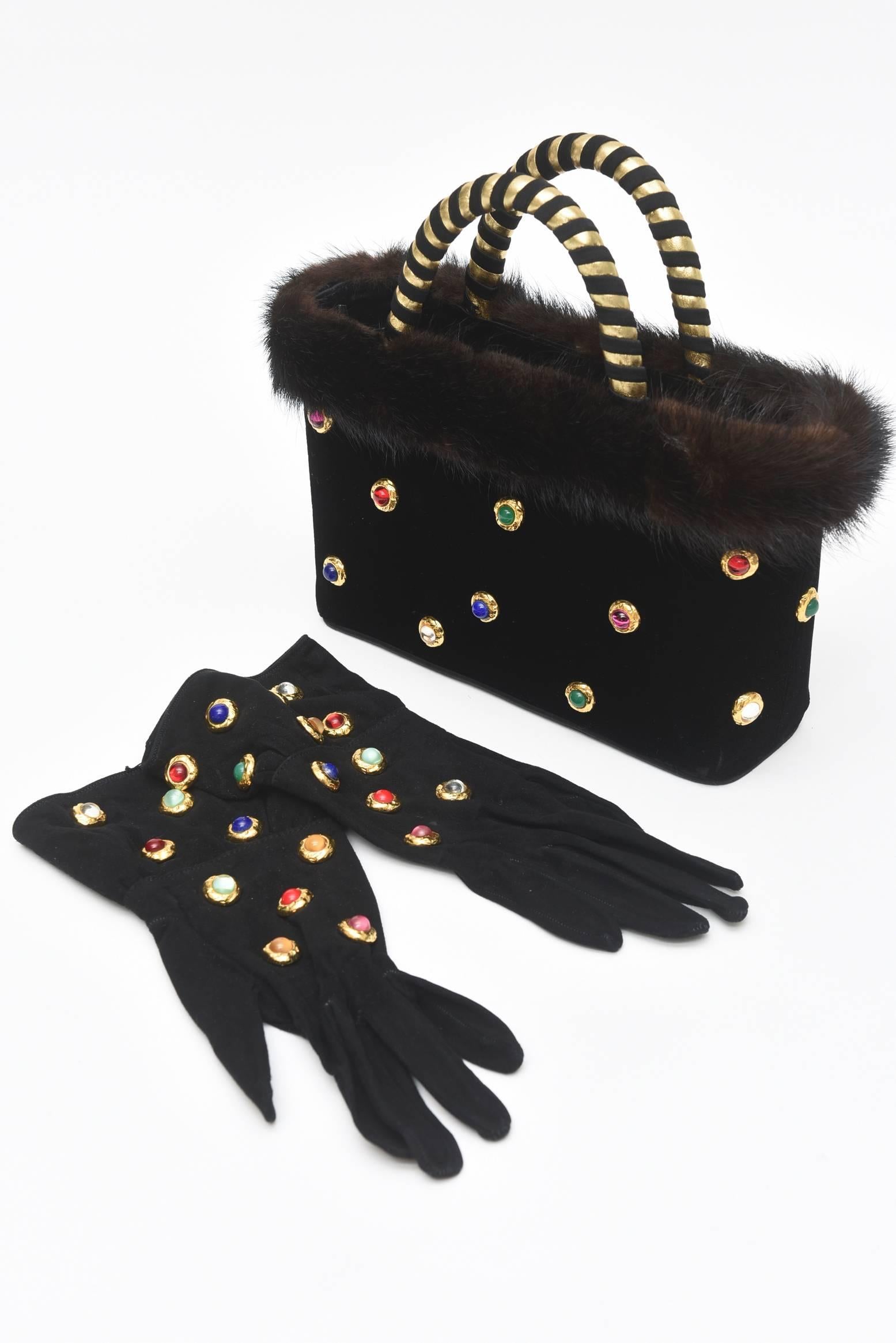 Givenchy Set of Black Suede Gloves & Black Velvet Stone & Fur Evening Bag 60's 3