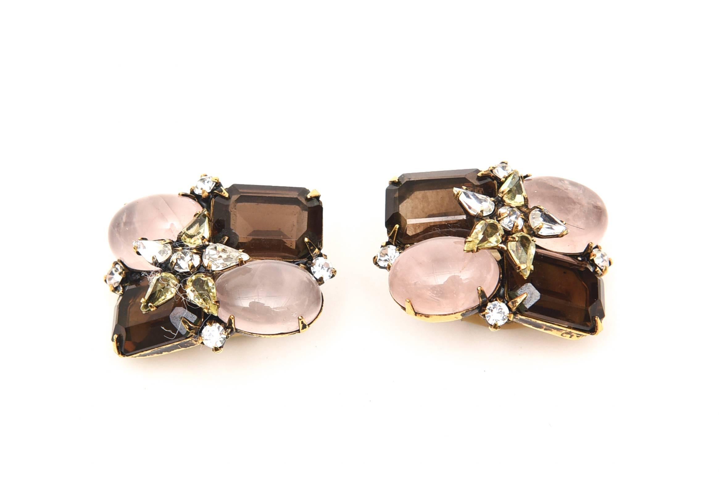 Pair of Iradj Moini Rose/Smoky Quartz/Rhinestone Clip On Earrings 2