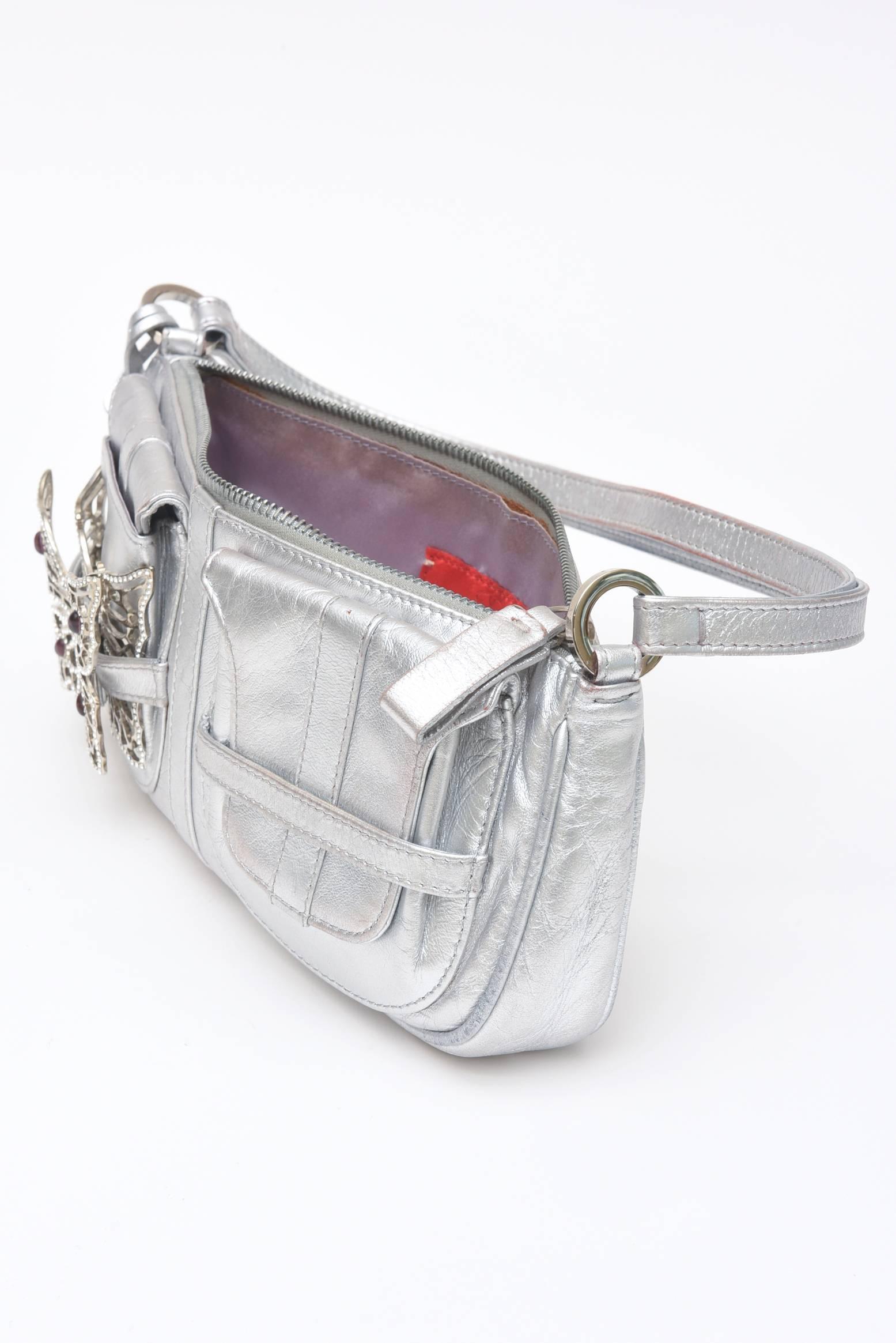 Women's Hallmarked Valentino Silver Lambskin Handbag with Rhinestone Butterfly