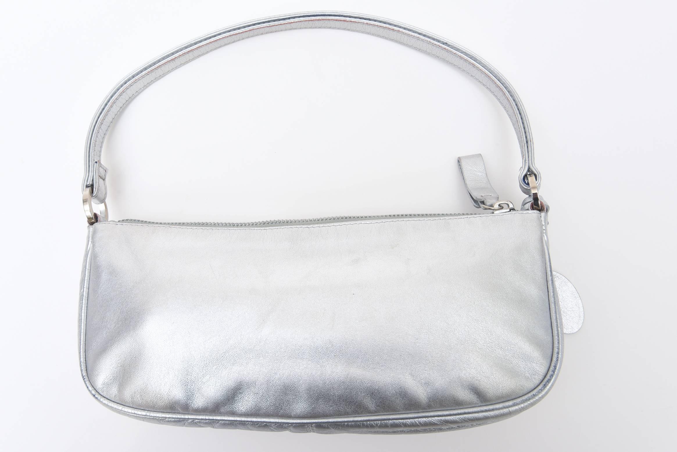Hallmarked Valentino Silver Lambskin Handbag with Rhinestone Butterfly 2