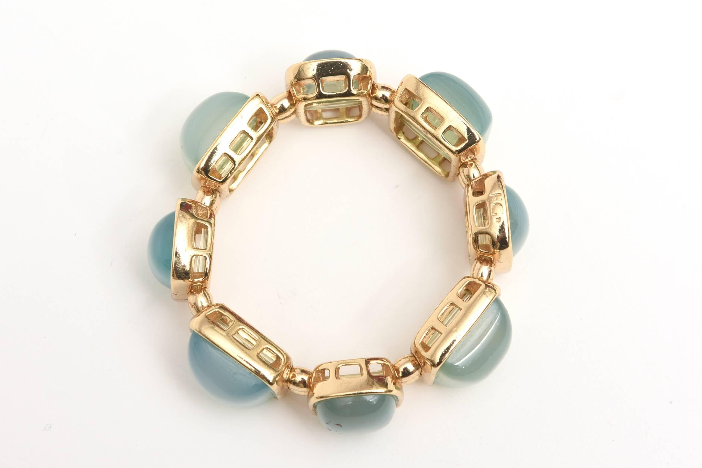 Modern Set of Cabochon Chalcedony 24 Gold Plated Bracelet and Earrings SAT. SALE
