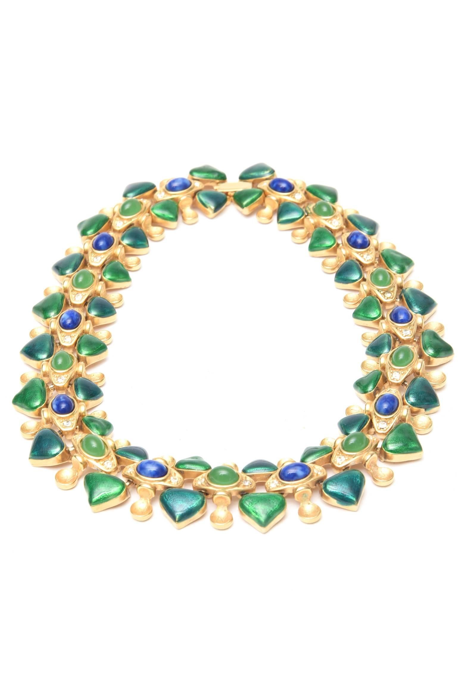 This wonderfully executed Necklace by Napier of the period. 
Tones of emerald green and royal blue.
This piece is very lush & luxe, and looks very regal when worn. 