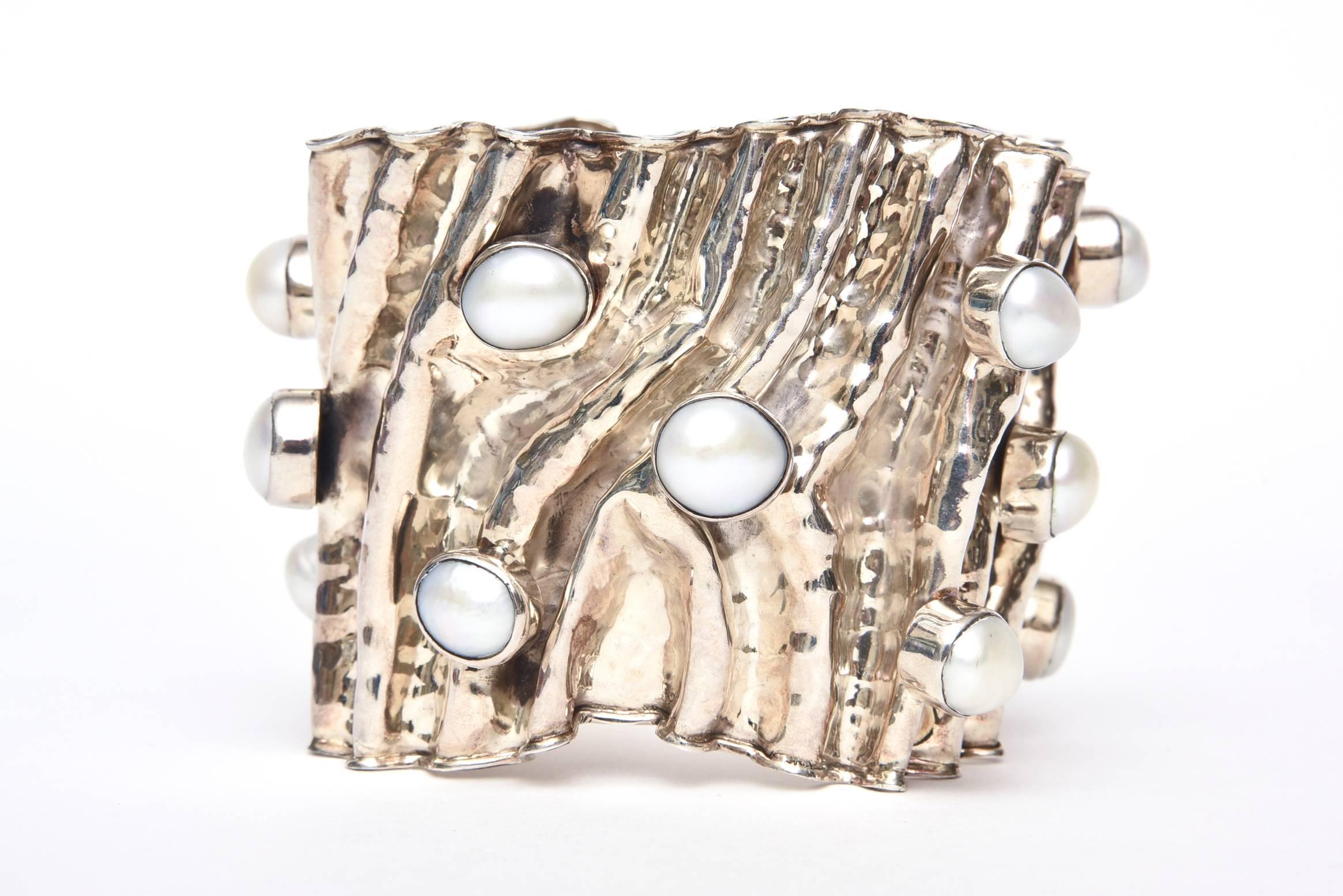 Women's  Sculptural Wide Sterling Silver And Pearl Cuff Bracelet Signed and Hallmarked For Sale