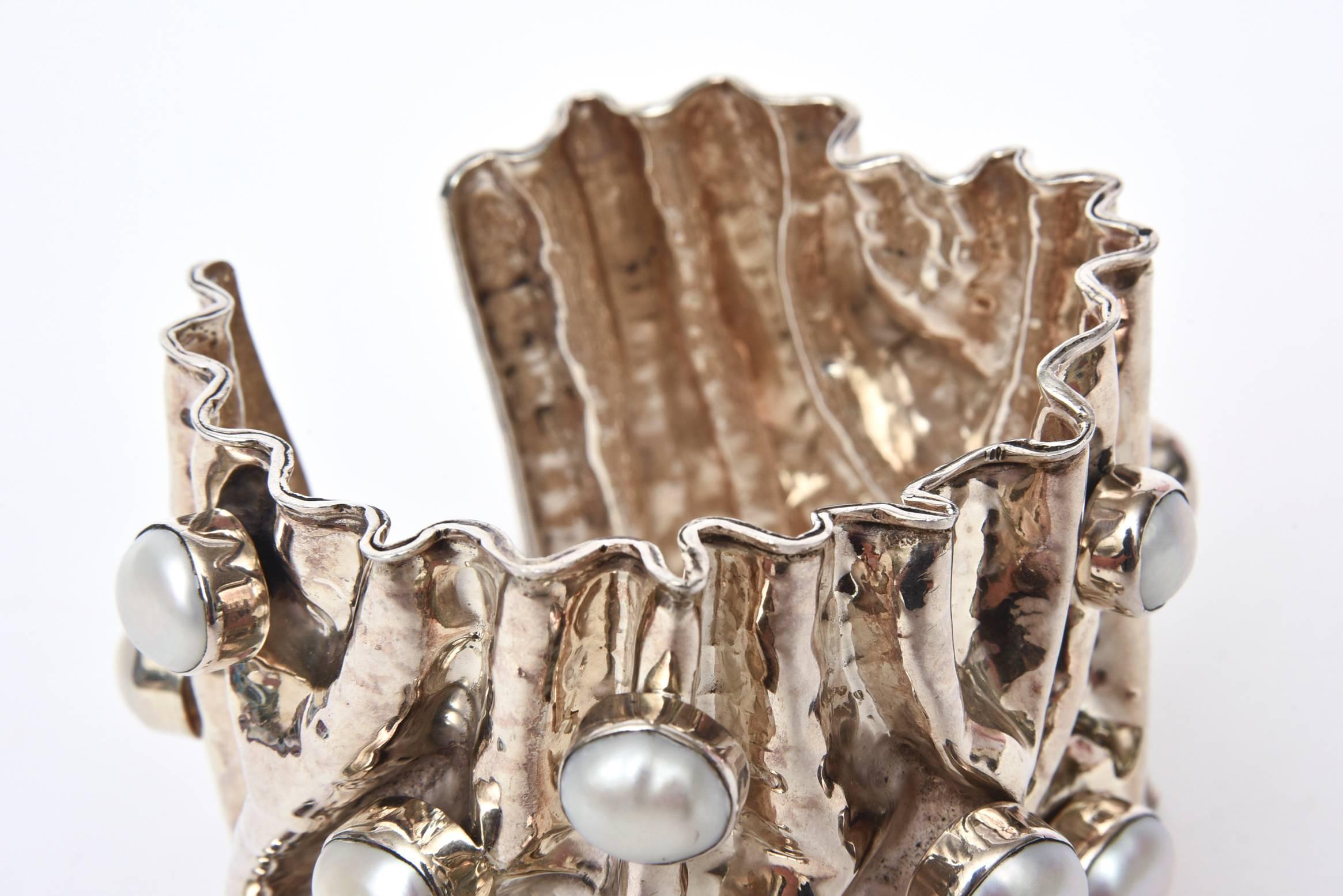Sculptural Wide Sterling Silver And Pearl Cuff Bracelet Signed and Hallmarked For Sale 1