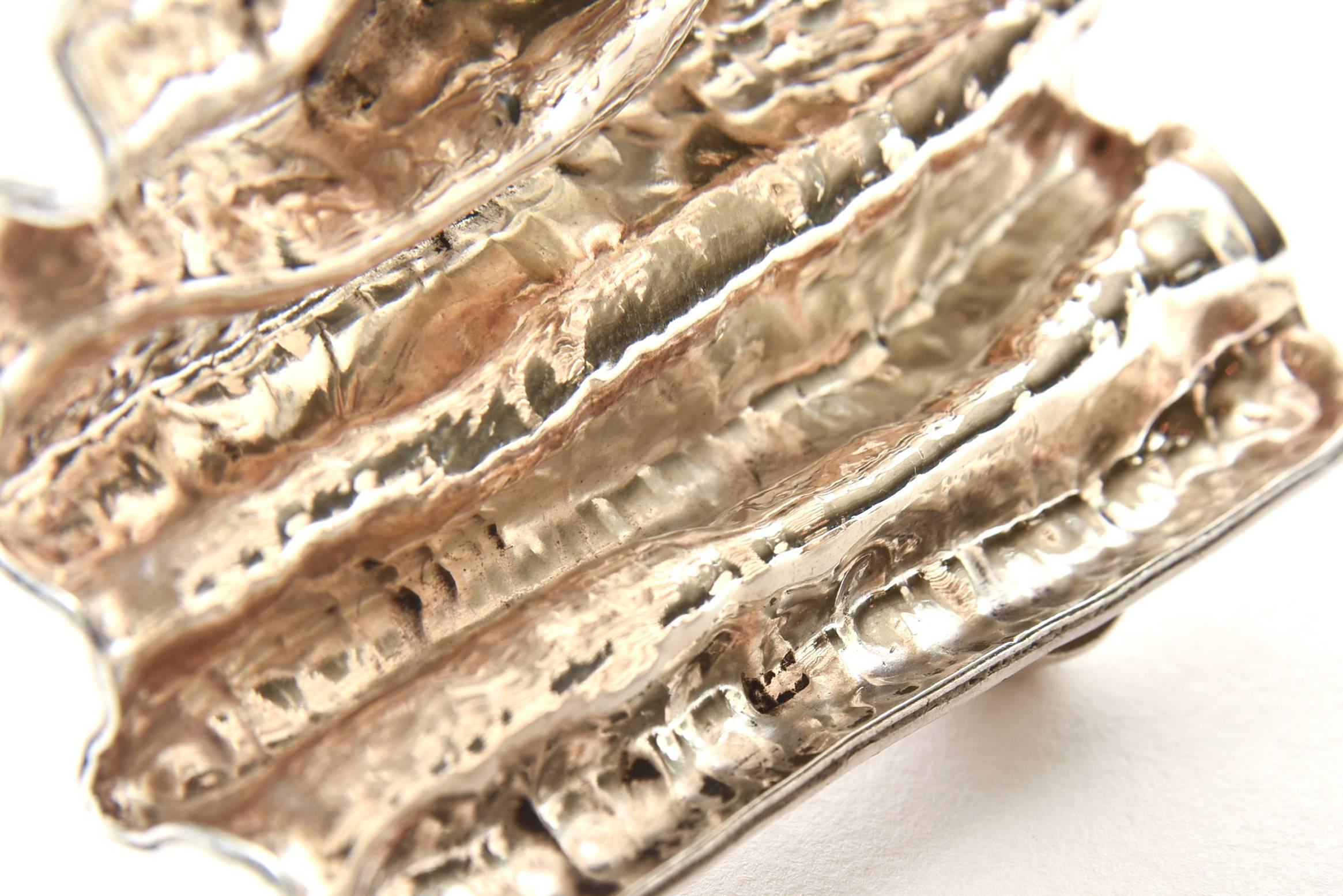 Sculptural Wide Sterling Silver And Pearl Cuff Bracelet Signed and Hallmarked For Sale 3