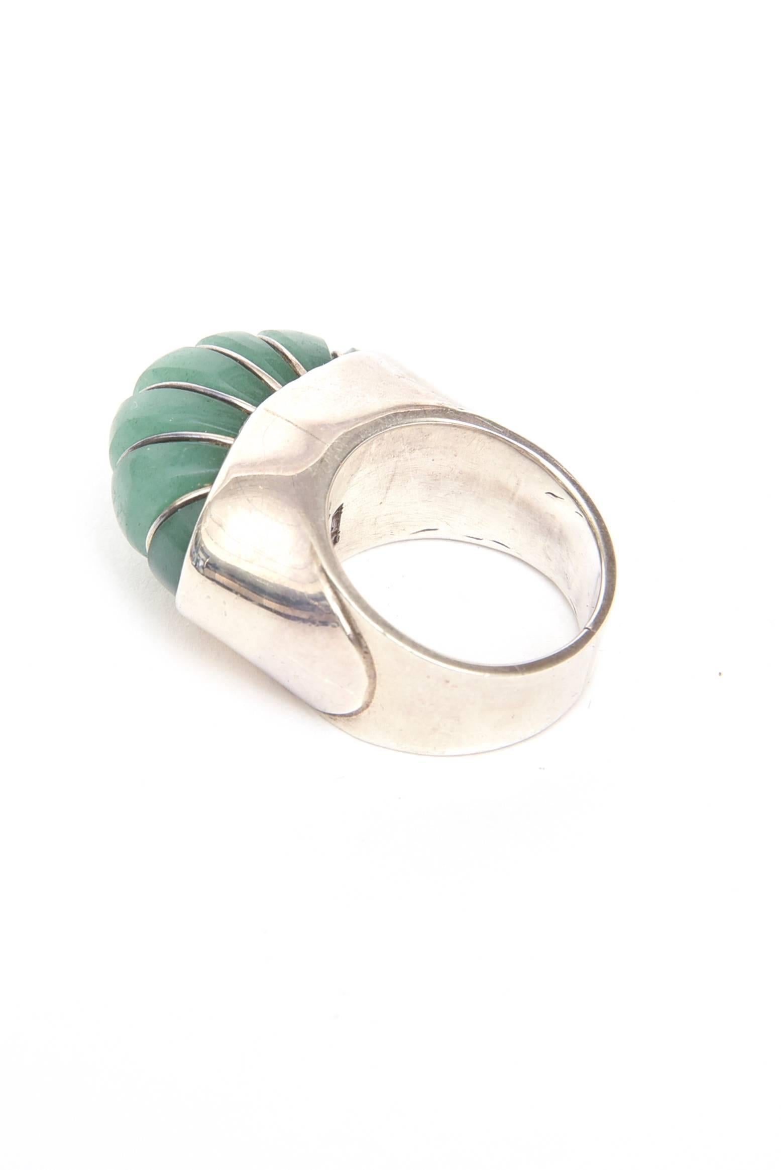Modern Hallmarked Sculptural Sterling Silver And Jade Dome Ring