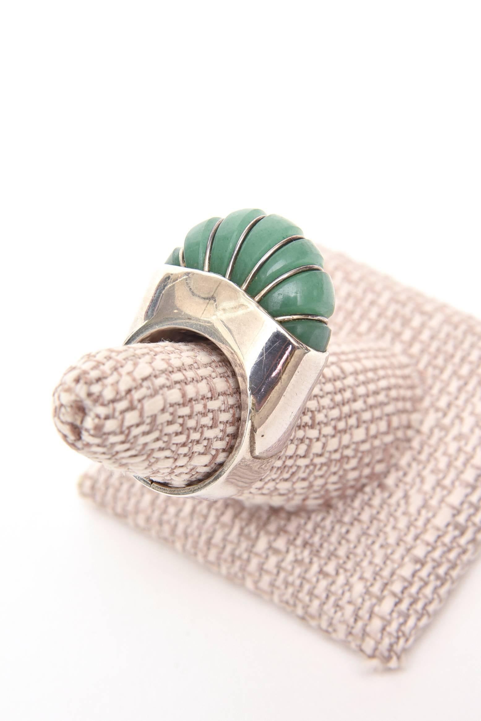 Women's Hallmarked Sculptural Sterling Silver And Jade Dome Ring