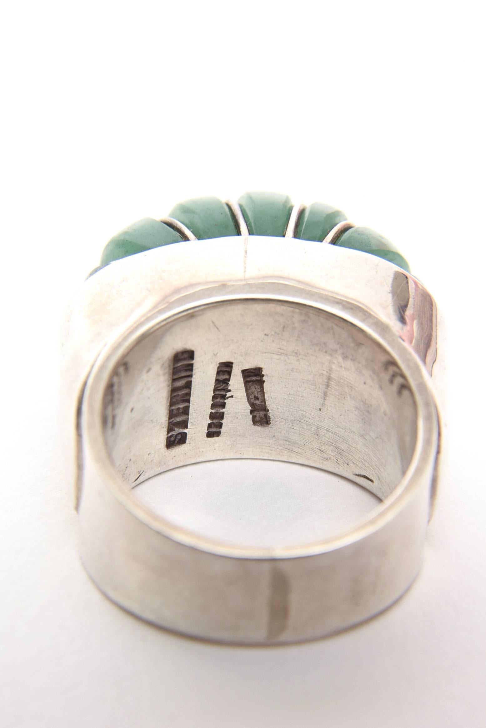 Hallmarked Sculptural Sterling Silver And Jade Dome Ring 1