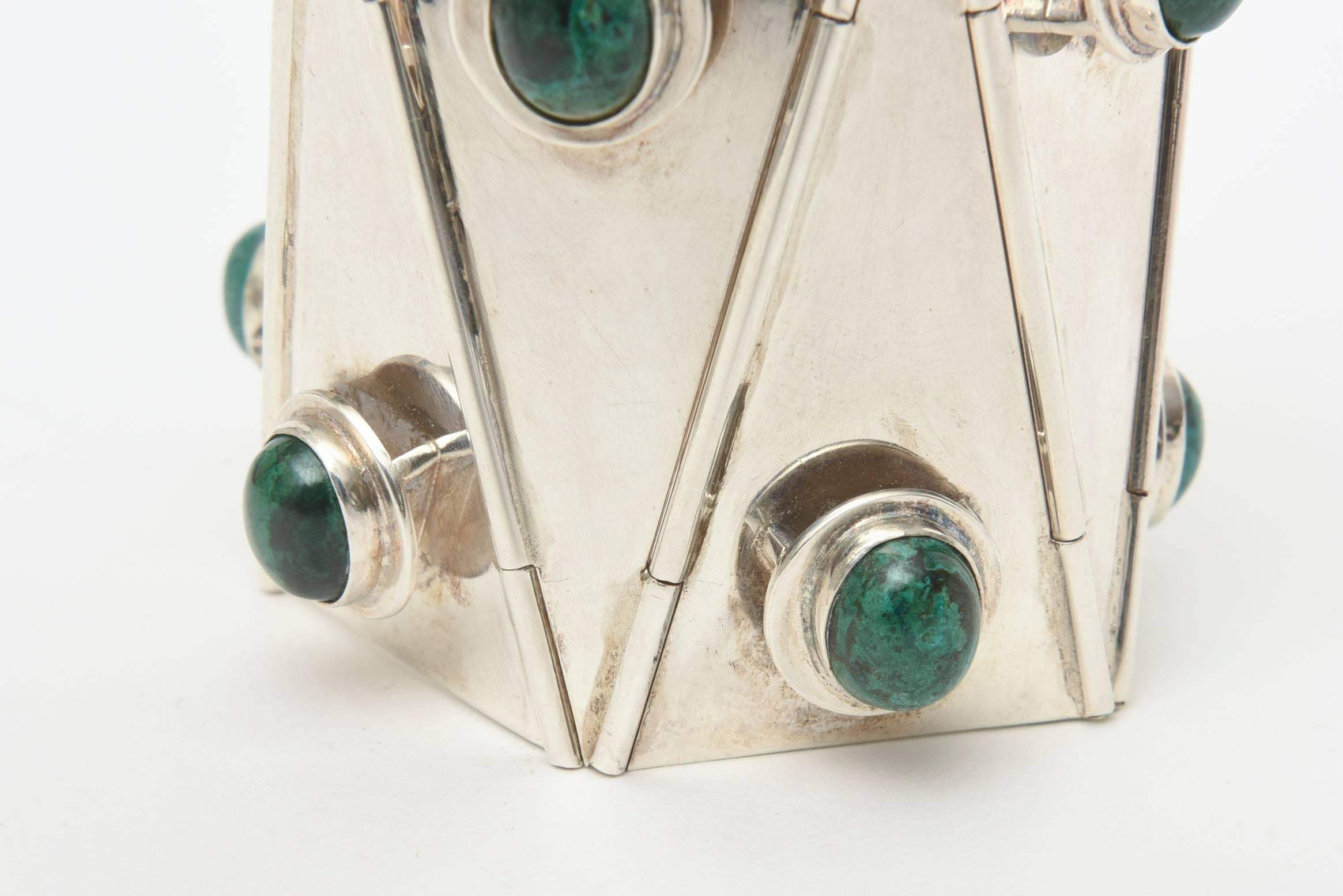  Sterling Silver & Malachite Sculptural Wide Cuff Bracelet Vintage One Of A Kind For Sale 2