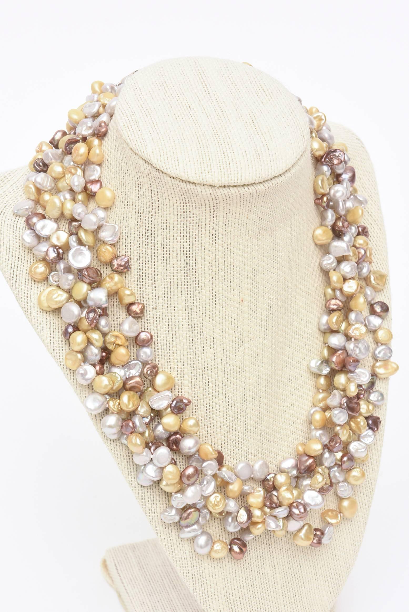 Modern Cultured Freshwater Pearl and Sterling Silver Multi Strand Necklace
