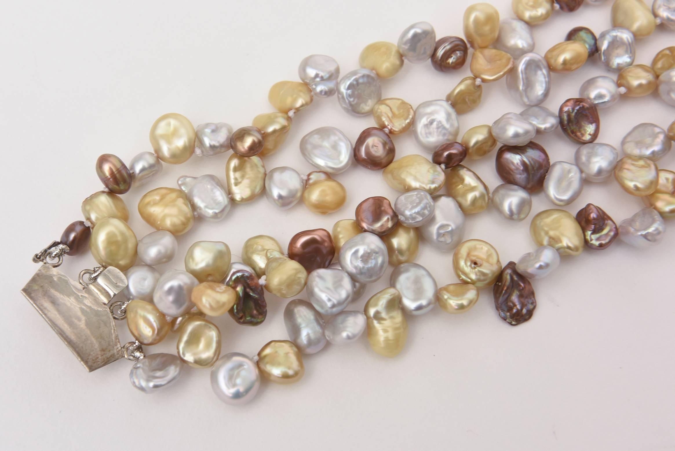 Women's Cultured Freshwater Pearl and Sterling Silver Multi Strand Necklace