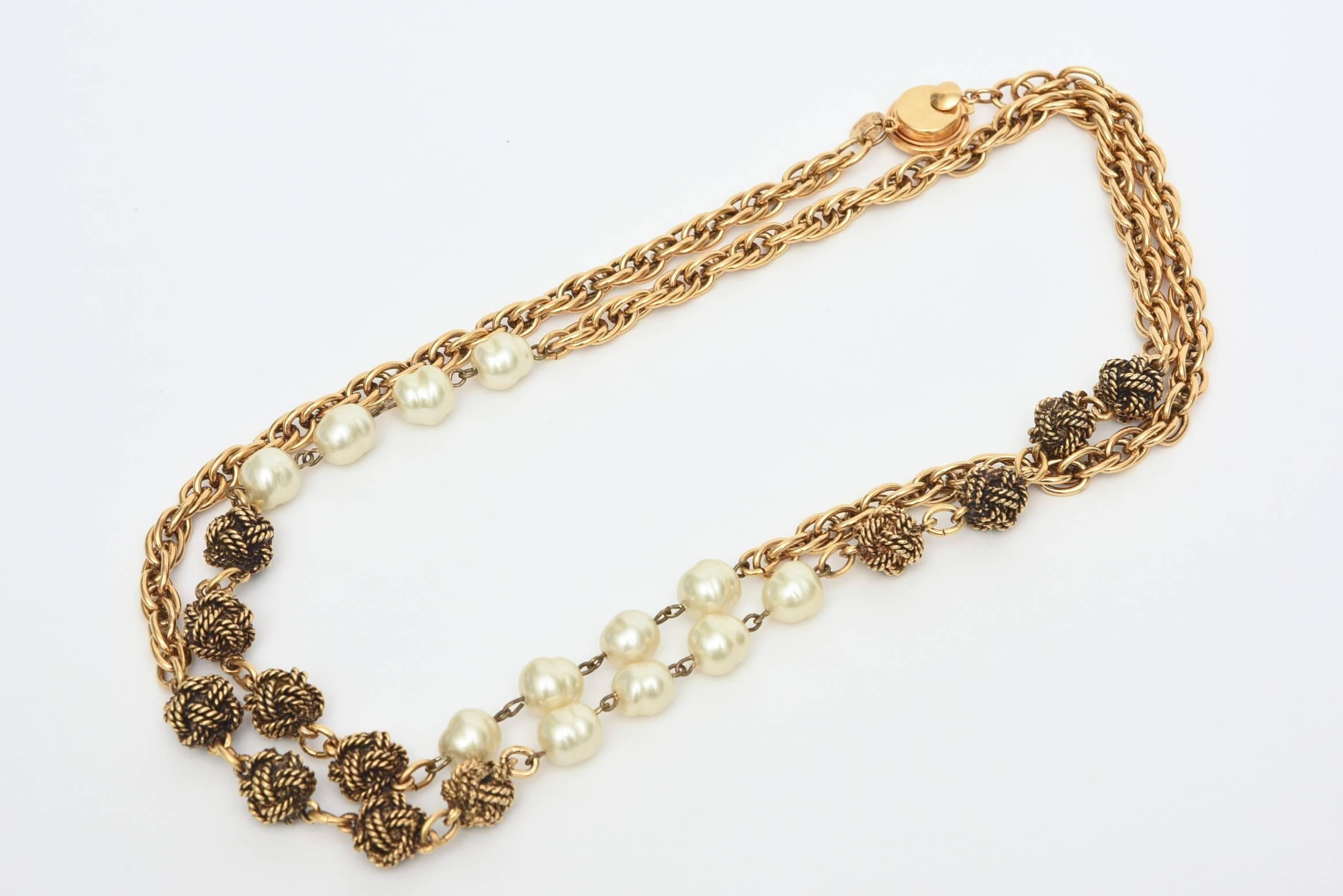 Bead Chanel Gold Knot and  Nacre Faux Pearl Necklace  For Sale