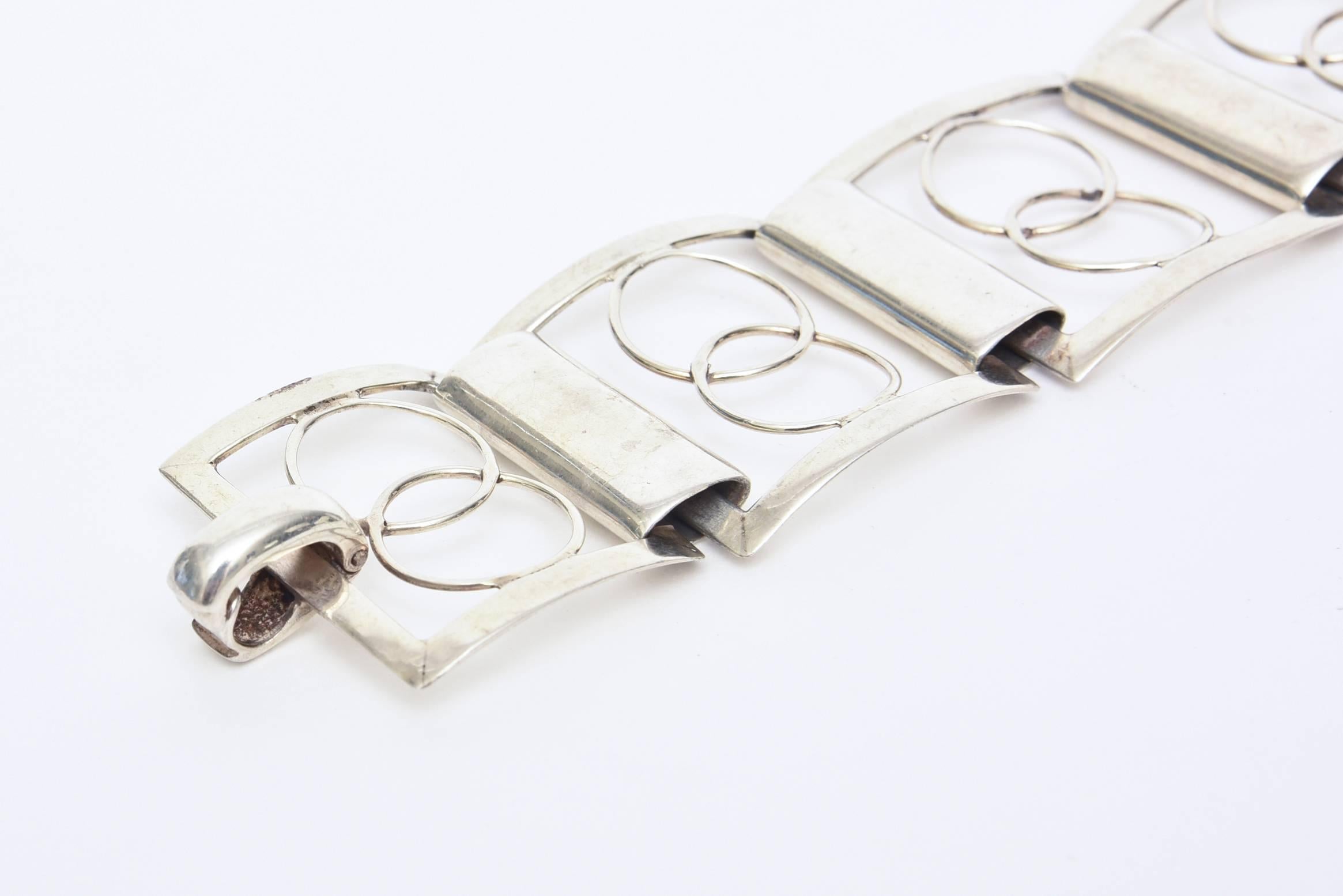 Sterling Silver Modernist Geometric Link Cuff Bracelet Italian For Sale 2