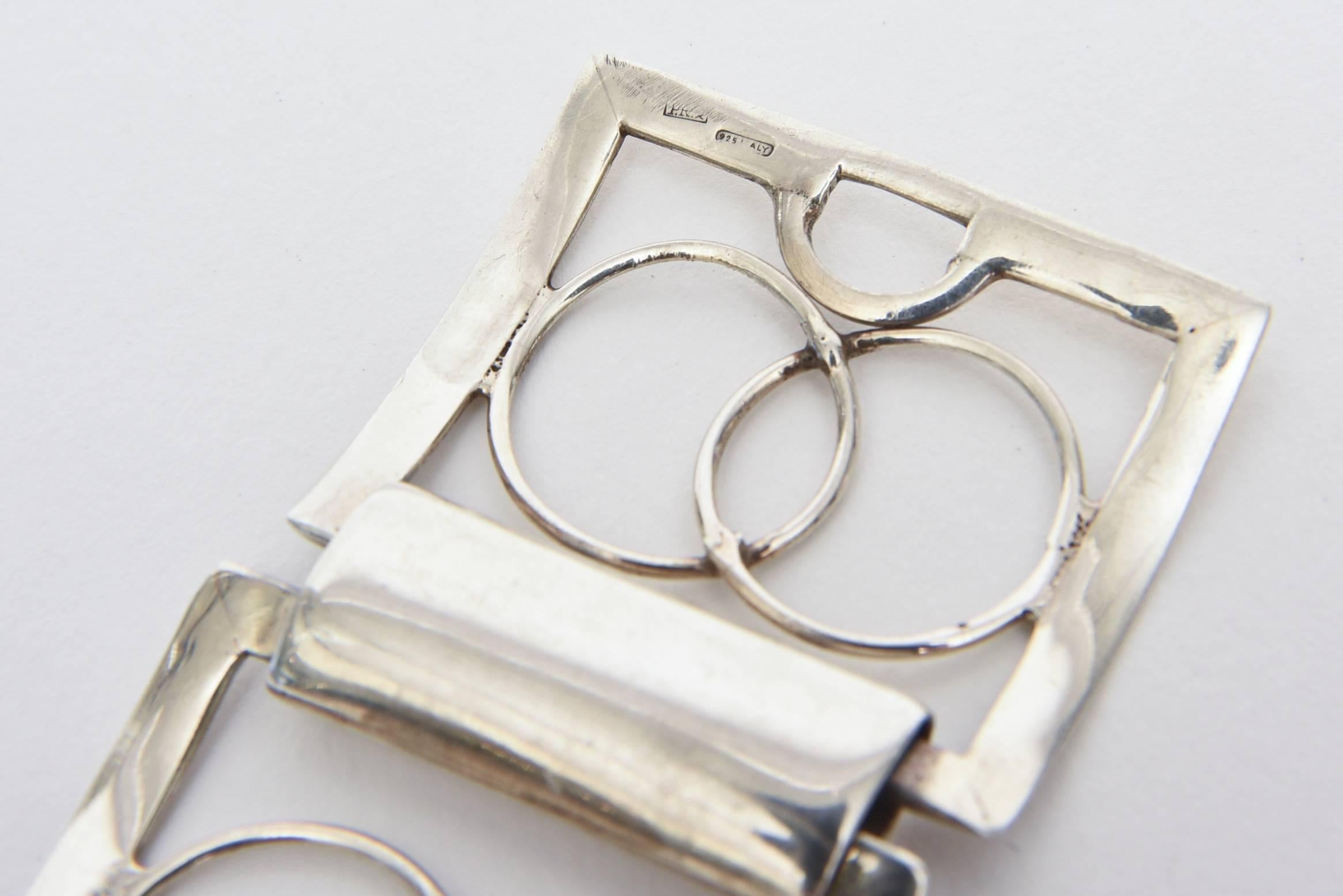 Sterling Silver Modernist Geometric Link Cuff Bracelet Italian For Sale 4
