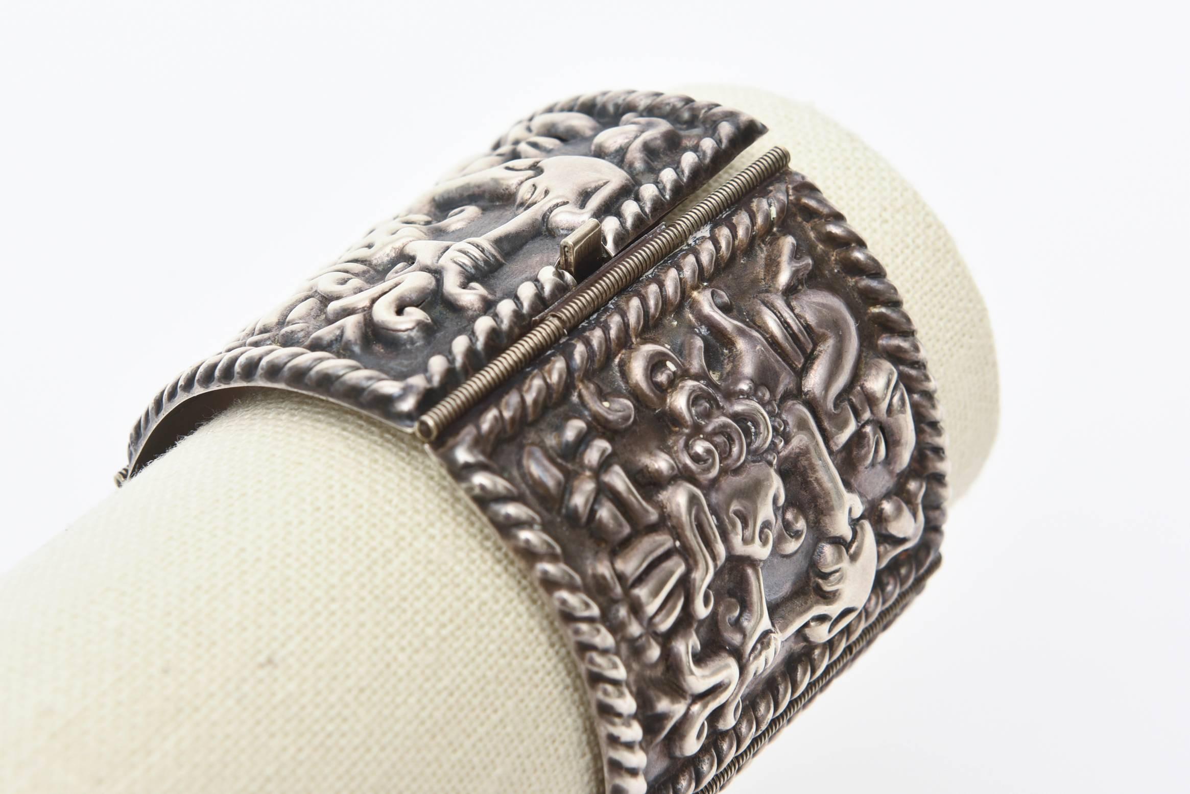 Sterling Silver Vintage MId- Century Aztec Mayan Cuff Bracelet /SAT. SALE In Good Condition In North Miami, FL
