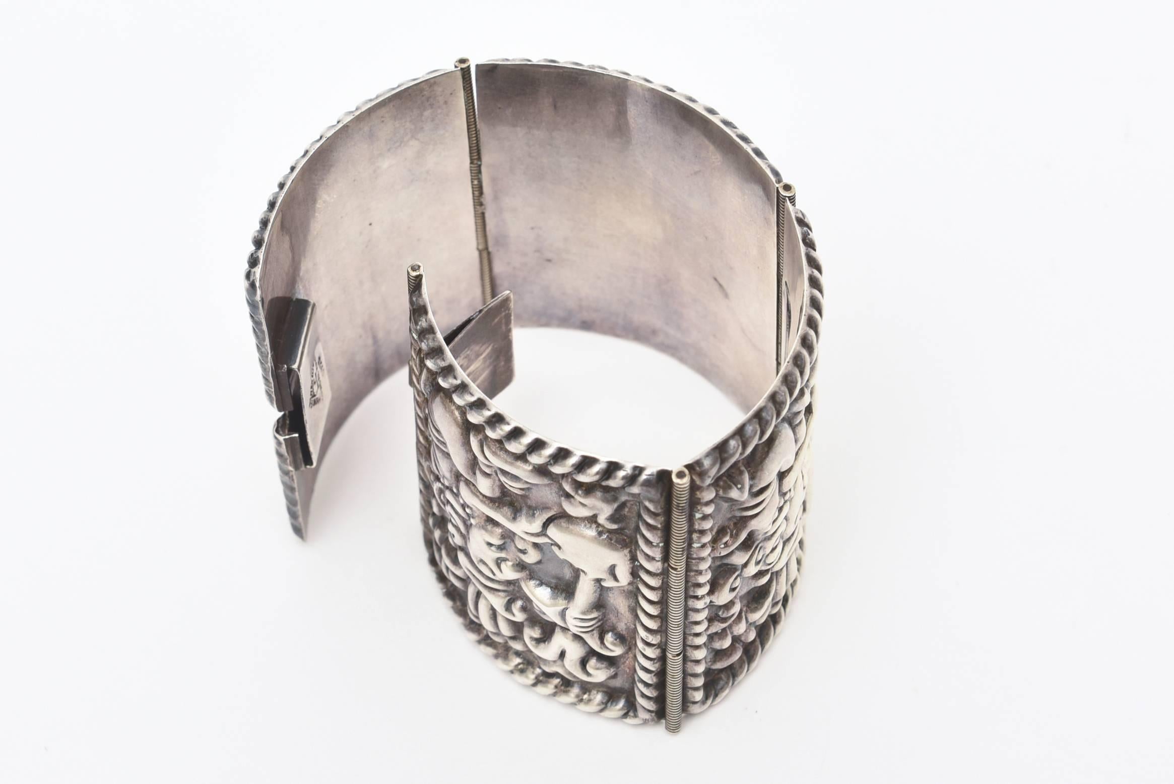Women's or Men's Sterling Silver Vintage MId- Century Aztec Mayan Cuff Bracelet /SAT. SALE