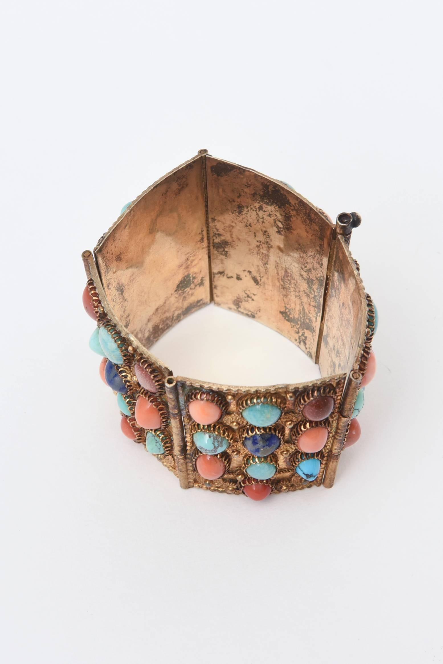  Egyptian Revival Coral, Turquoise and Lapis Vermeil Cuff Bracelet  In Good Condition In North Miami, FL