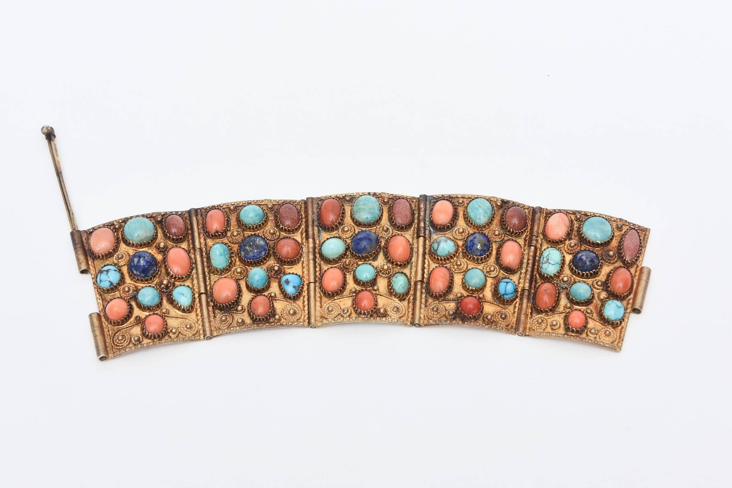 Women's Egyptian Revival Coral, Turquoise and Lapis Vermeil Cuff Bracelet