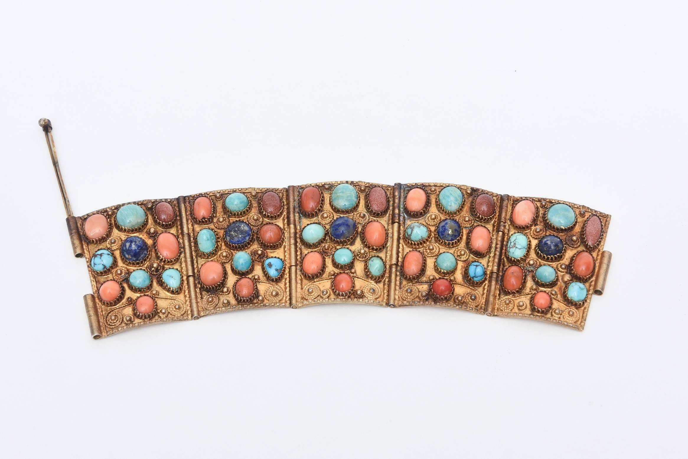 Women's  Egyptian Revival Coral, Turquoise and Lapis Vermeil Cuff Bracelet 