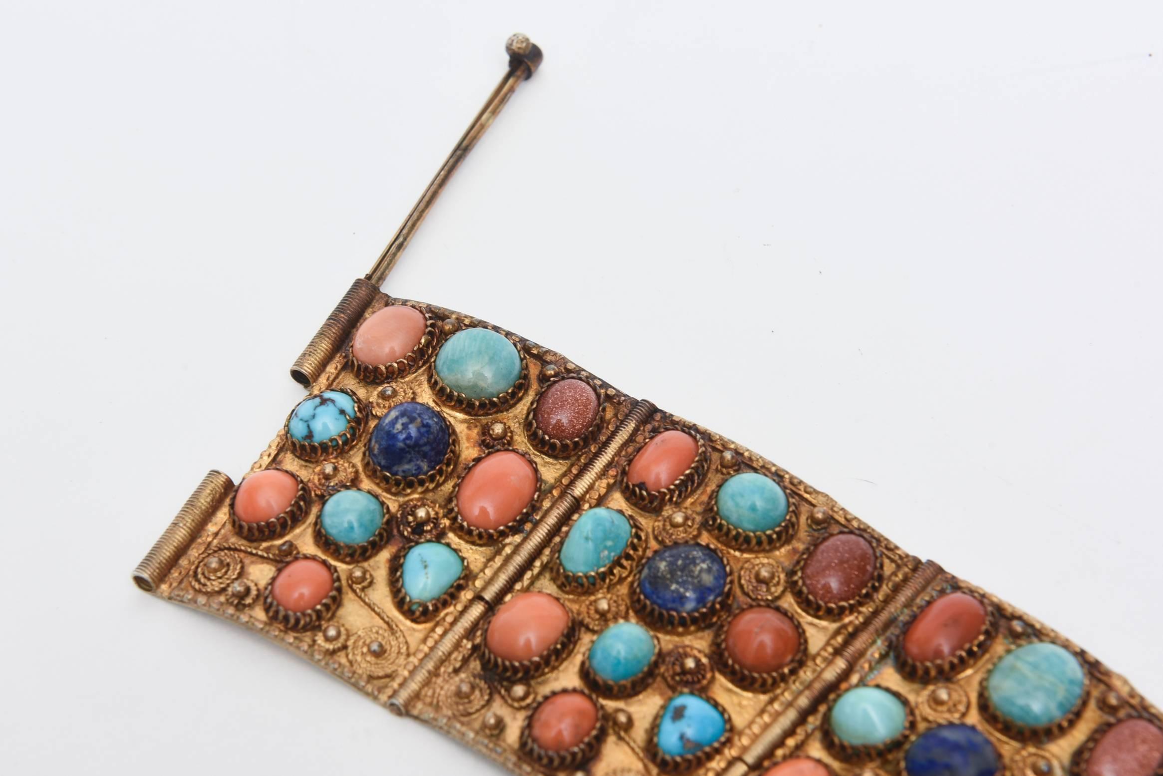  Egyptian Revival Coral, Turquoise and Lapis Vermeil Cuff Bracelet  1