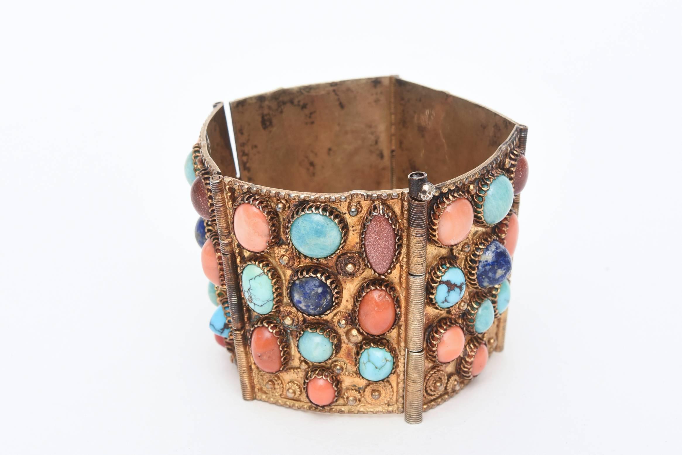  Egyptian Revival Coral, Turquoise and Lapis Vermeil Cuff Bracelet  4