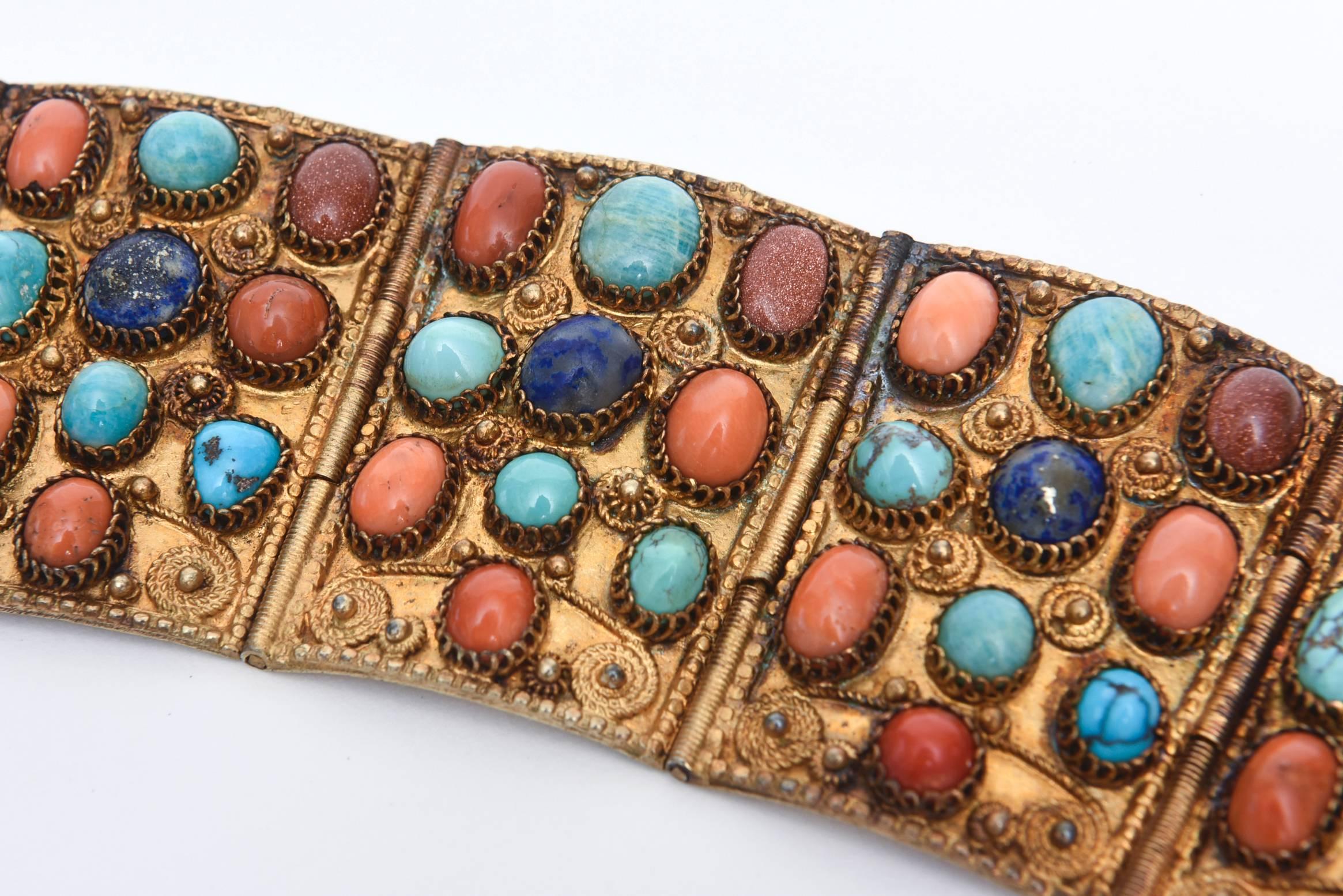  Egyptian Revival Coral, Turquoise and Lapis Vermeil Cuff Bracelet  5