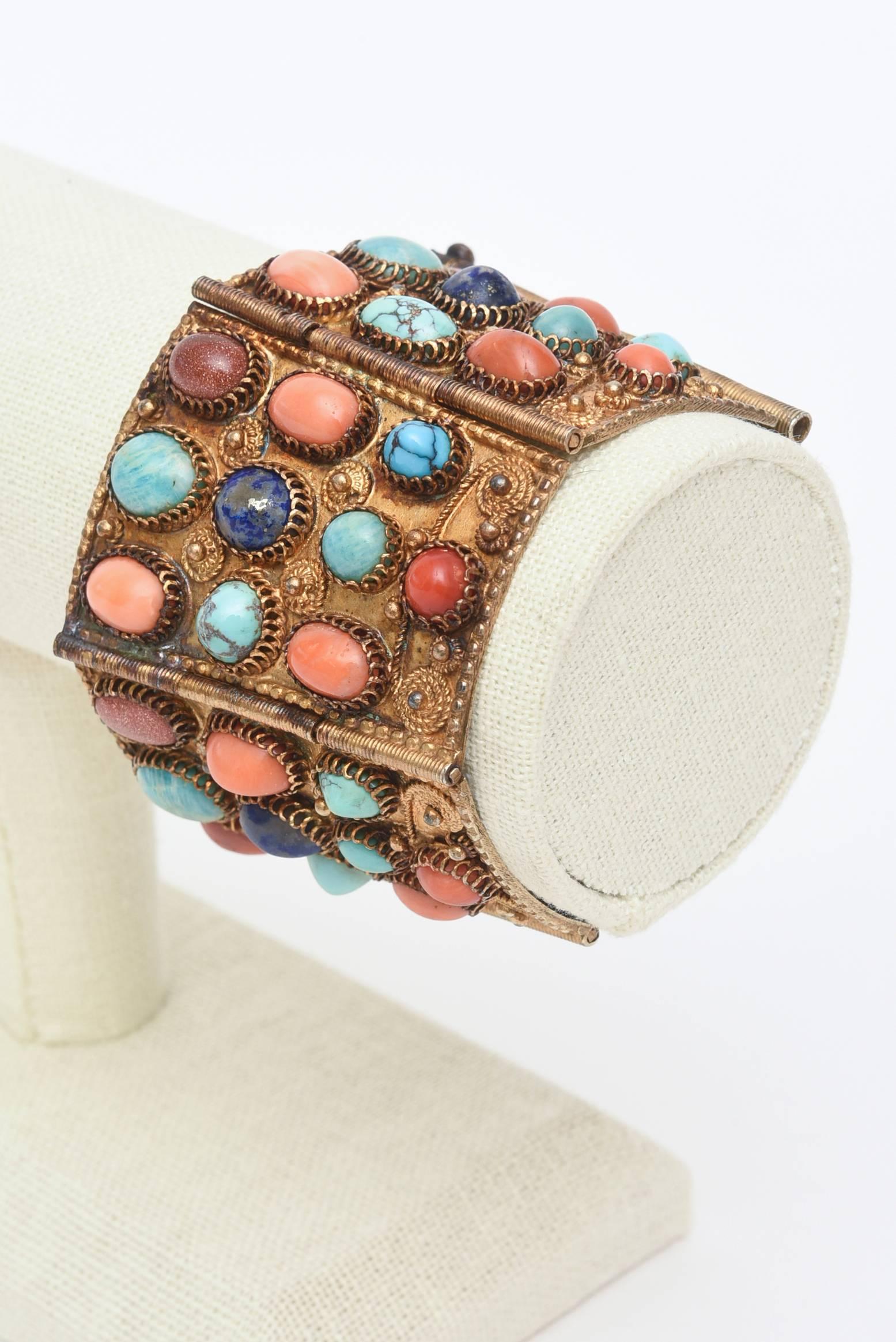  Egyptian Revival Coral, Turquoise and Lapis Vermeil Cuff Bracelet  6