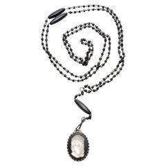 Vintage 1940's Black Beaded Rope Wrap Necklace With Lalique Cameo Pendant