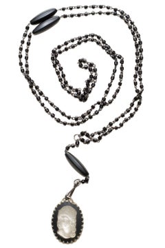 Vintage 1940's Black Beaded Rope Wrap Necklace With Lalique Cameo Pendant