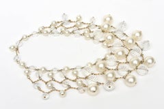 Vintage Faux Pearl, Faceted Lucite and Brass Bib Multi Strand Collar Necklace