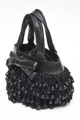 Koret Vintage Black Leather, Crochet, Black Beaded Bag