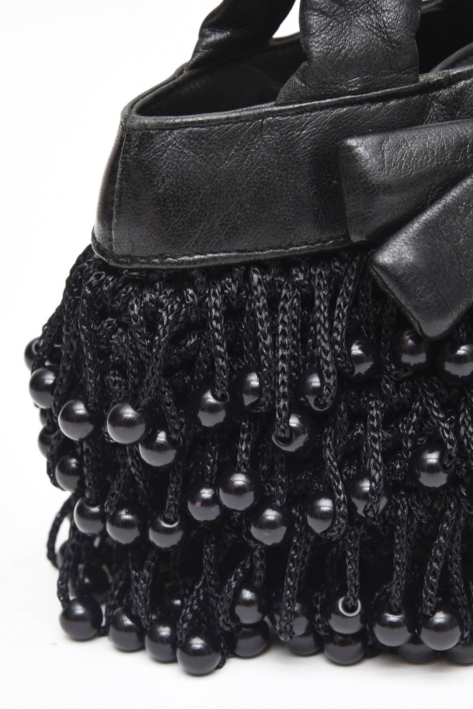 Koret Vintage Black Leather, Crochet, Black Beaded Bag In Excellent Condition In North Miami, FL