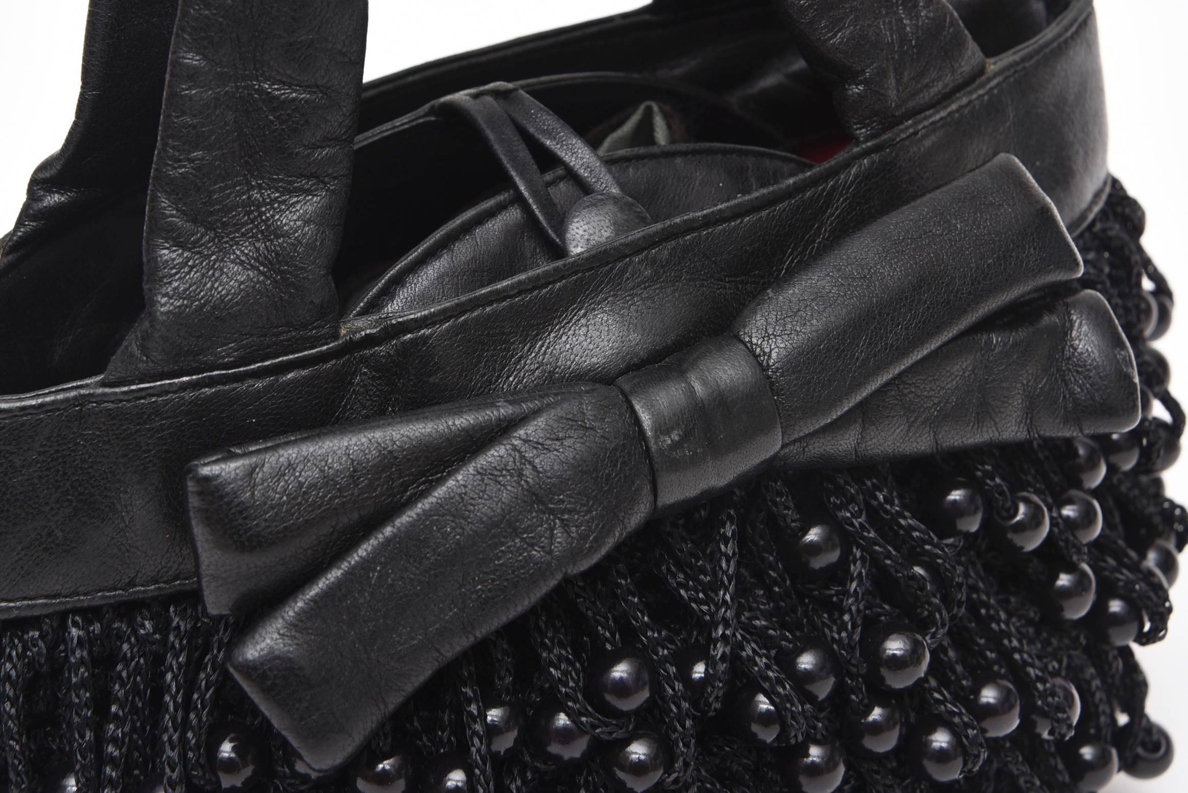 Women's Koret Vintage Black Leather, Crochet, Black Beaded Bag