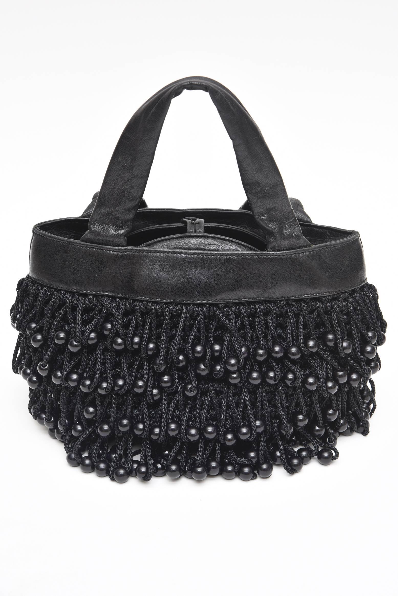 Koret Vintage Black Leather, Crochet, Black Beaded Bag 1