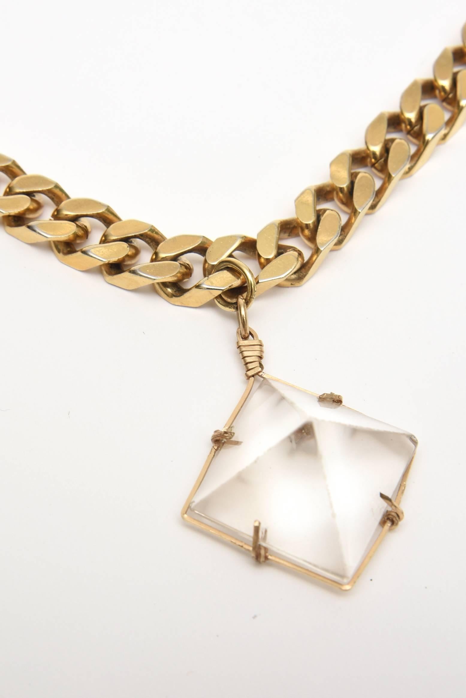 This wonderful great weight signed vintage Napier gold link chain necklace has 5 hanging pendants of white crystal. All the shapes are different. This necklace is timeless and modern. It is so in fashion now. It is an all season necklace can go day