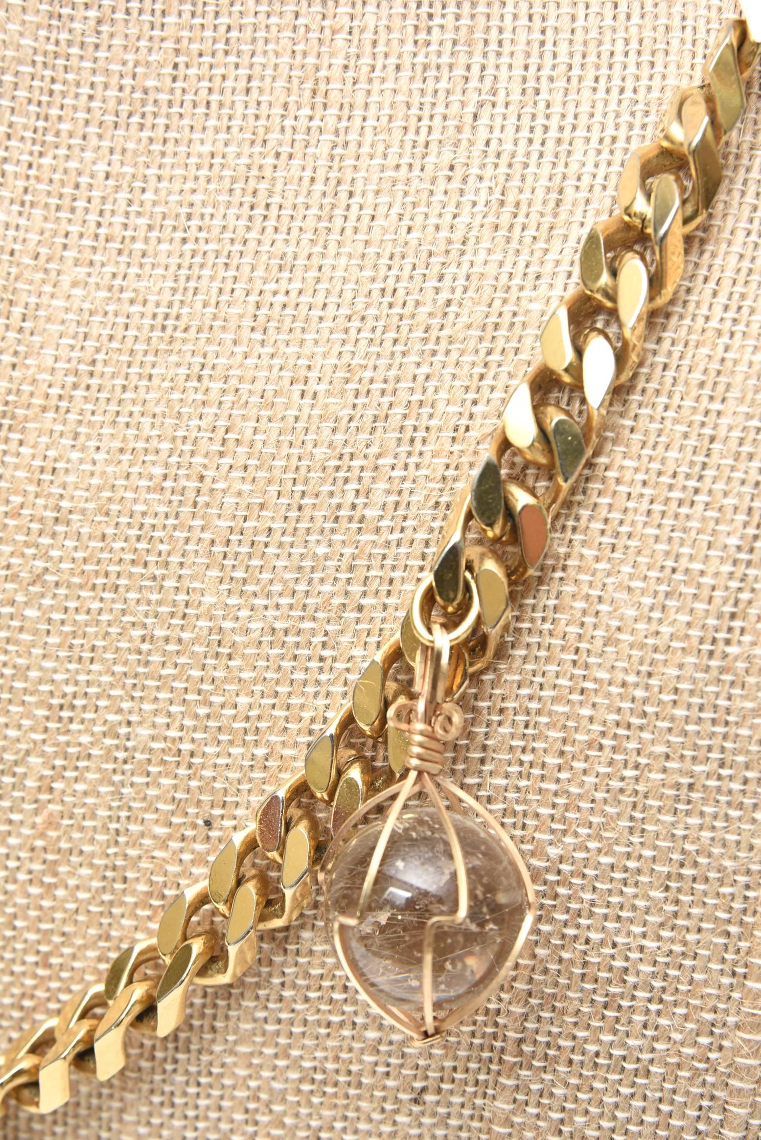 Ball Cut Napier Chain and Crystal Pendant Link Necklace Vintage For Sale